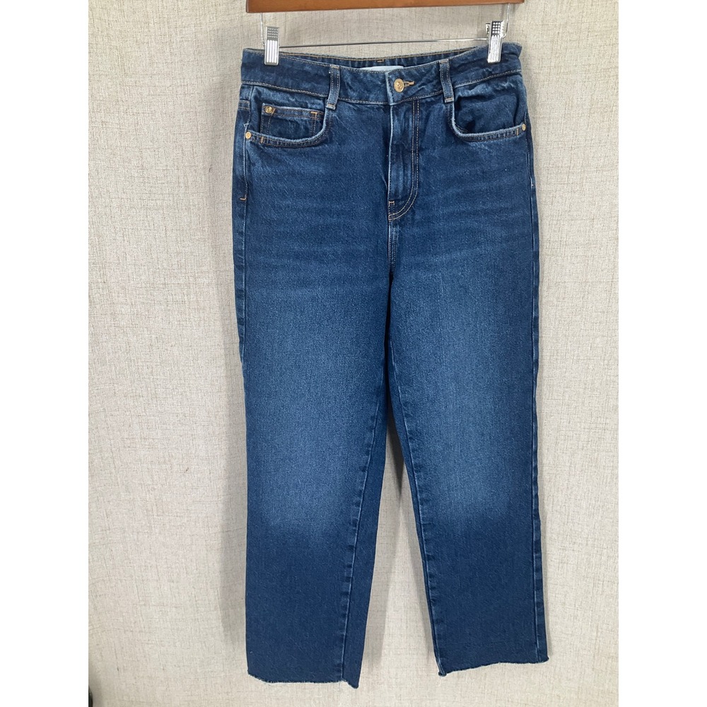 Zara Jeans Women 4 Blue Straight Leg High Rise Raw Hem Classic Minimalist Boho